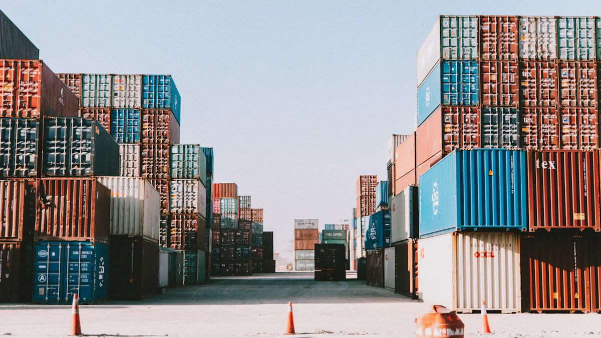 Shipping containers stacked in a port yard
