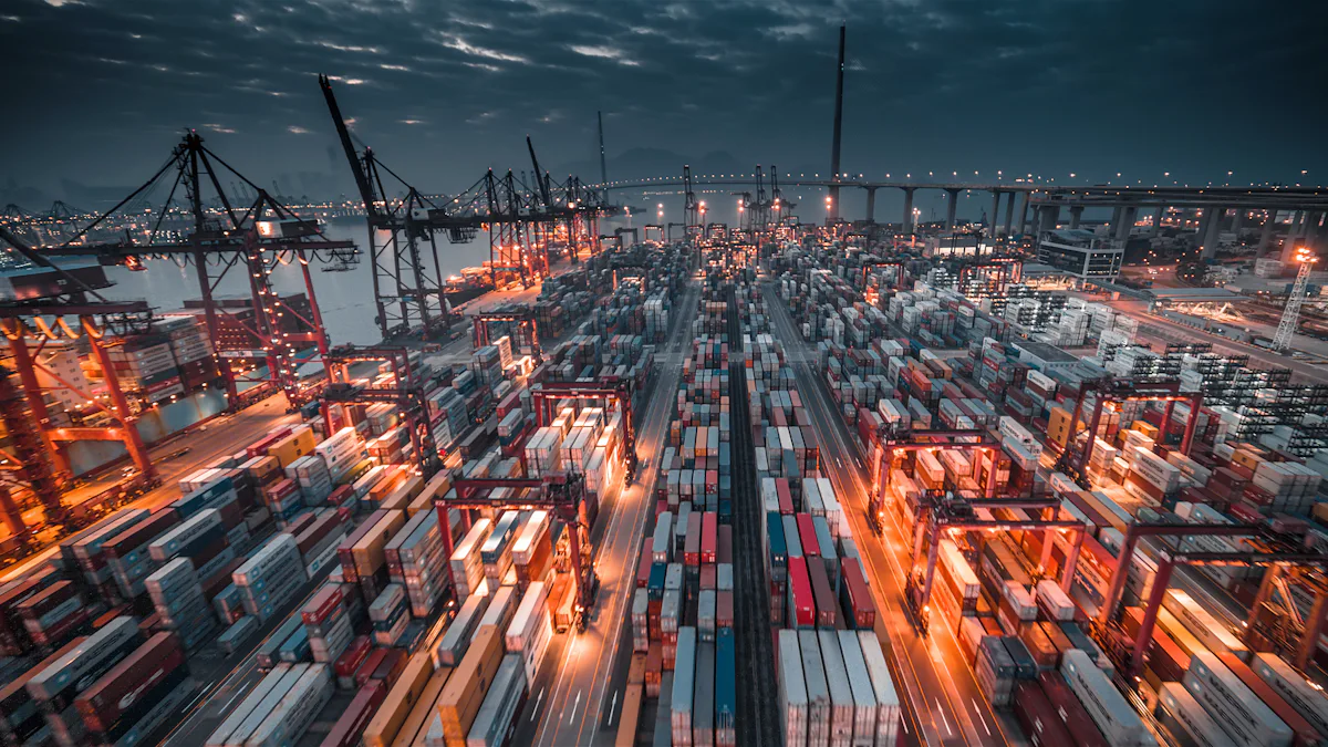 Aerial view of a container port with stacked containers and gantry cranes