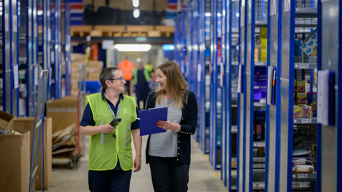 Logistics staff checking cargo in a warehouse aisle